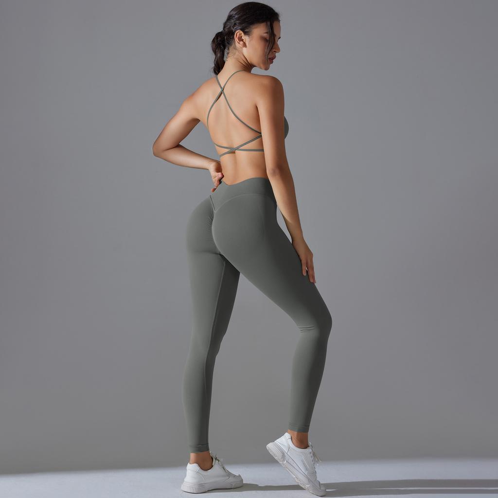 New Seamless Knitted Solid Color Sexy Back Tight Fashion Back V-waist Yoga Suit Running Fitness Set