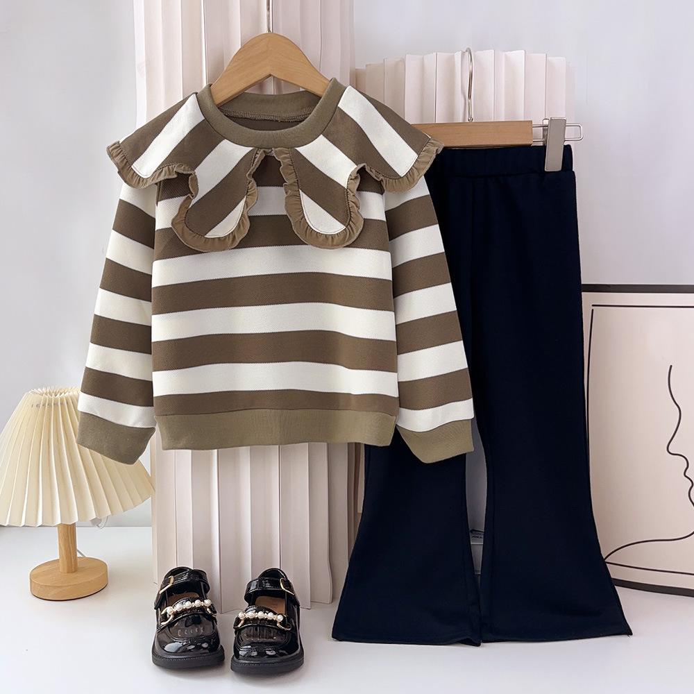 Girls' Autumn Outfit with Turn-down Collar Top Set New Trendy Children's Striped Sweatshirt Flared Pants Baby Two-piece Set