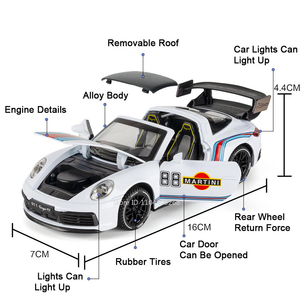 1:32 Scale Martini 911 TARGA 4S GT3RS Sports Car Model Toy Music Light Pull Back Doors Opened Models Hobby Ornaments Gifts