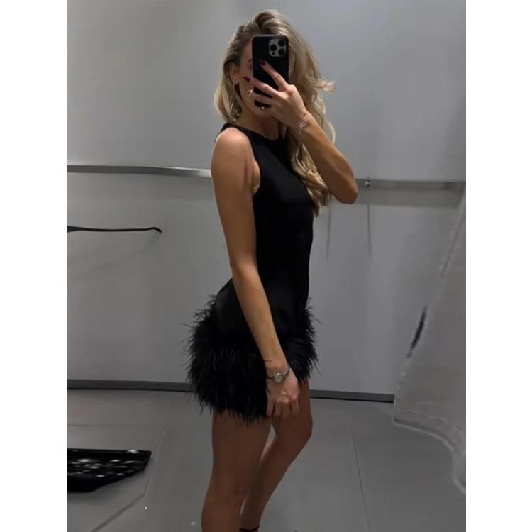 Elegant Mini Dress Women Loose Round Neck Patchwork Feather Sleeveless Robe Female 2024 Fashion Solid Party Chic Evening Dresses