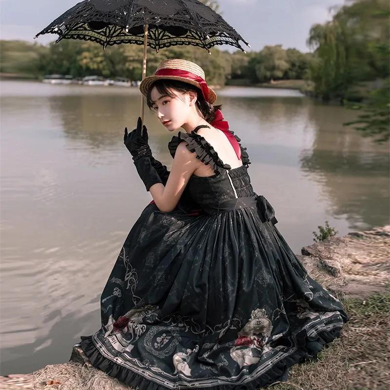 Gotický styl Tmavé Lolita šaty Bez rukávů Temperament Mašle Volánky Halter šaty