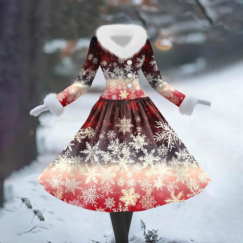 Women's Casual Dress Long-Sleeve V-Neck Patchwork Fleece Christmas Print Dress