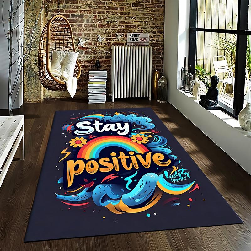 Colorful "Stay Positive" Carpet with Rainbow, Flowers, and Blue Waves Suitable for Use As an Anti-slip for Living Room Bedroom Sofas