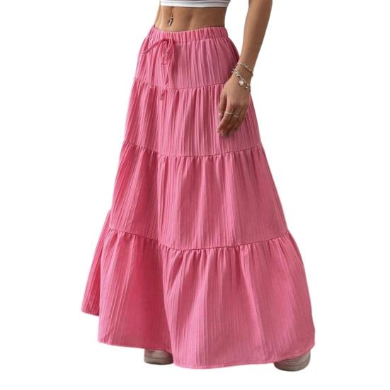 

Women Long Skirt Spring Summer Middle Waist A Line Flowy Swing Skirt Breathable Solid Color Elastic Waist Drawstring Pleated Casual XL рожевий