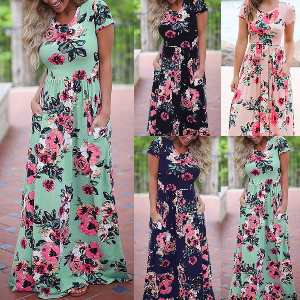 

Женское весенне-летнее повседневное длинное платье макси с коротким рукавом и цветочным принтом