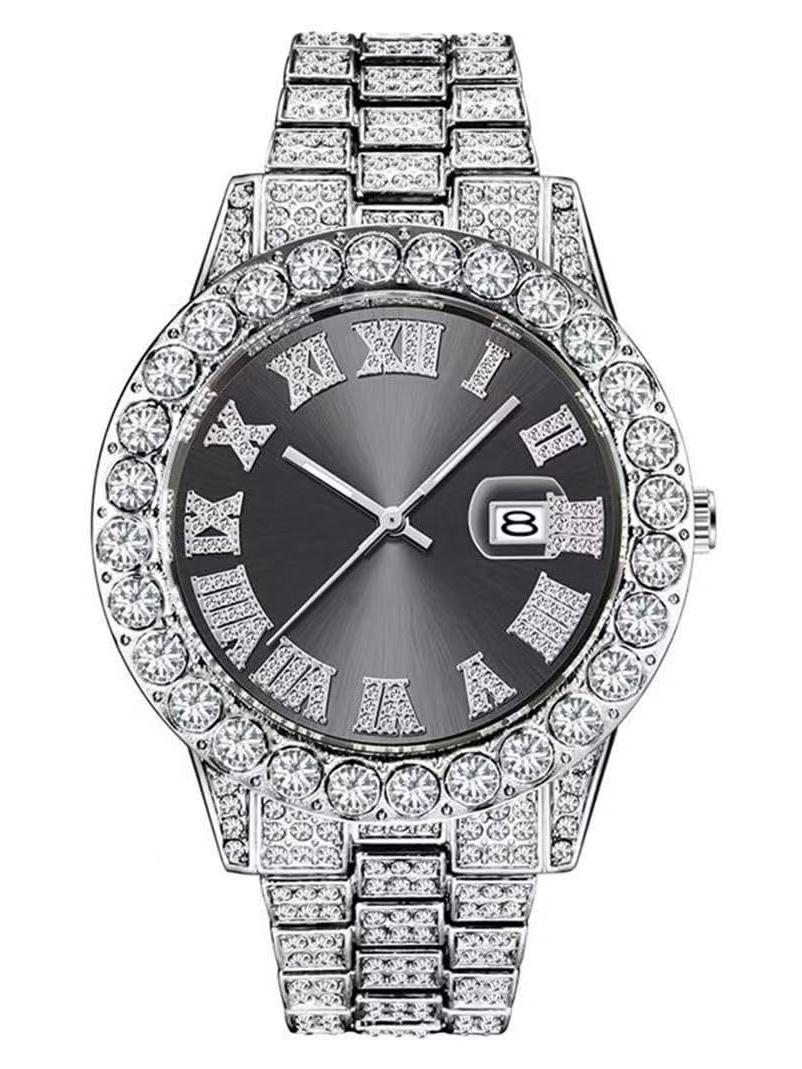 

Роскошные мужские хип-хоп часы с римскими цифрами и календарем, инкрустированным бриллиантами