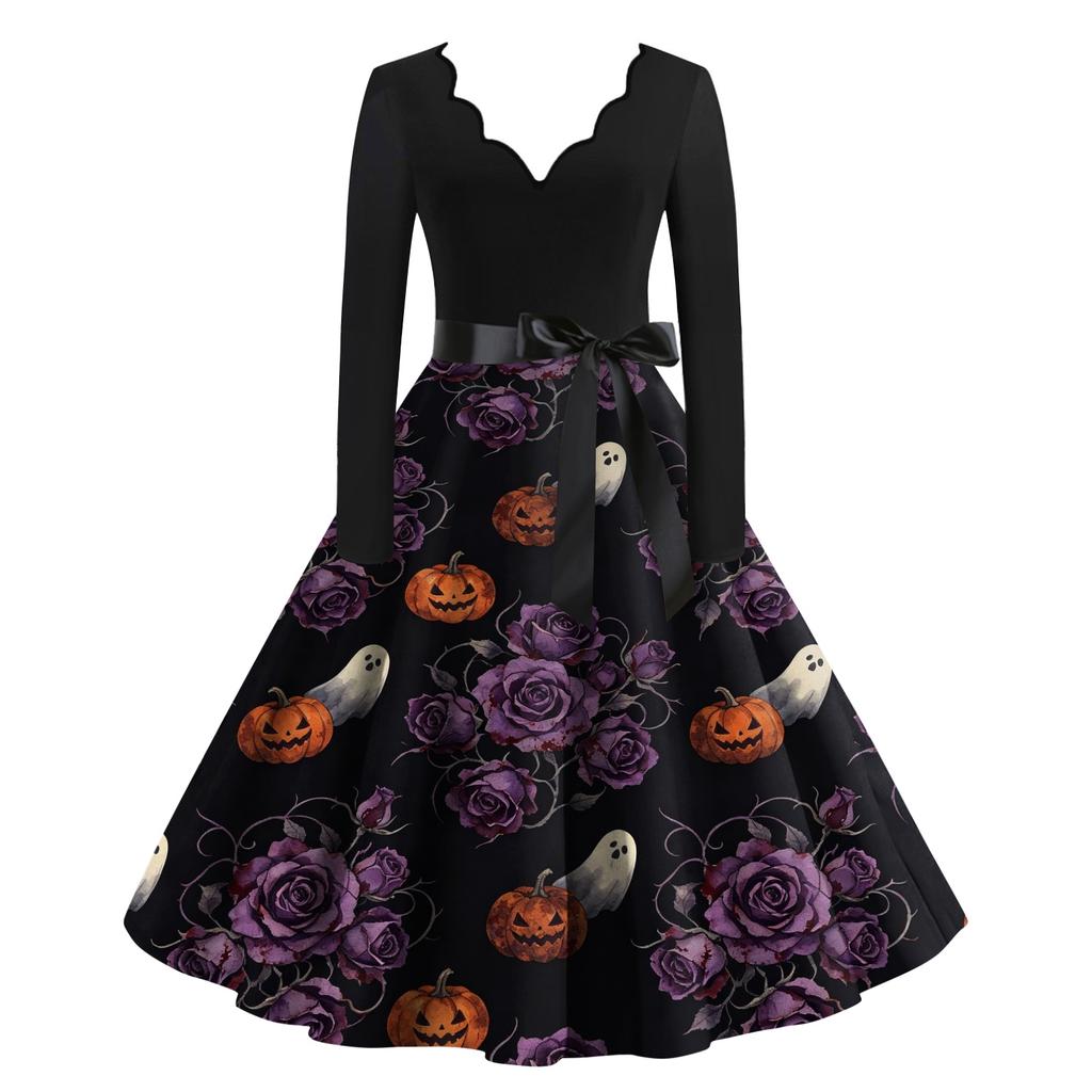 Women's Printed Maxi Dress for Halloween Theme Party, Costume Events and Night Out