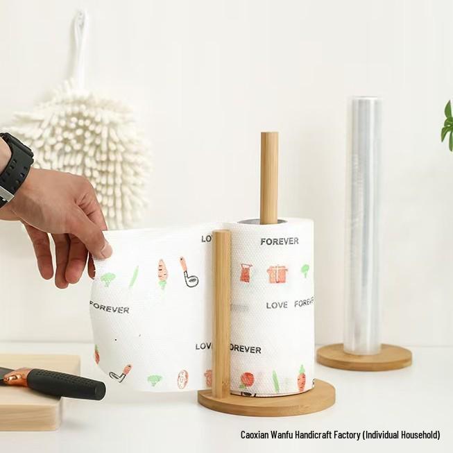 Bamboo Kitchen Countertop Tissue & Napkin Holder - Vertical Solid Wood Paper Roll, Cling Film, and Rag Rack with Paper Presser.