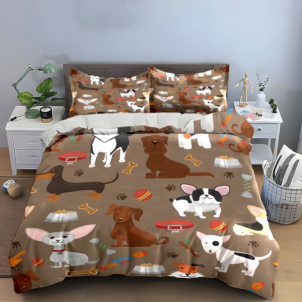 3Pcs Cute Dog Bedding Set, All-Over Cartoon Puppies Pattern Print Duvet Cover + 2 Pillowcases, Pet Lover Decor