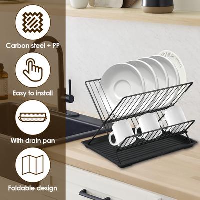 Dish Drying Rack with Drip Tray 2-Tier Compact Kitchen Dish Rack Foldable Dish Drainer Rack Kitchen Plate Organizer Utensil Rack