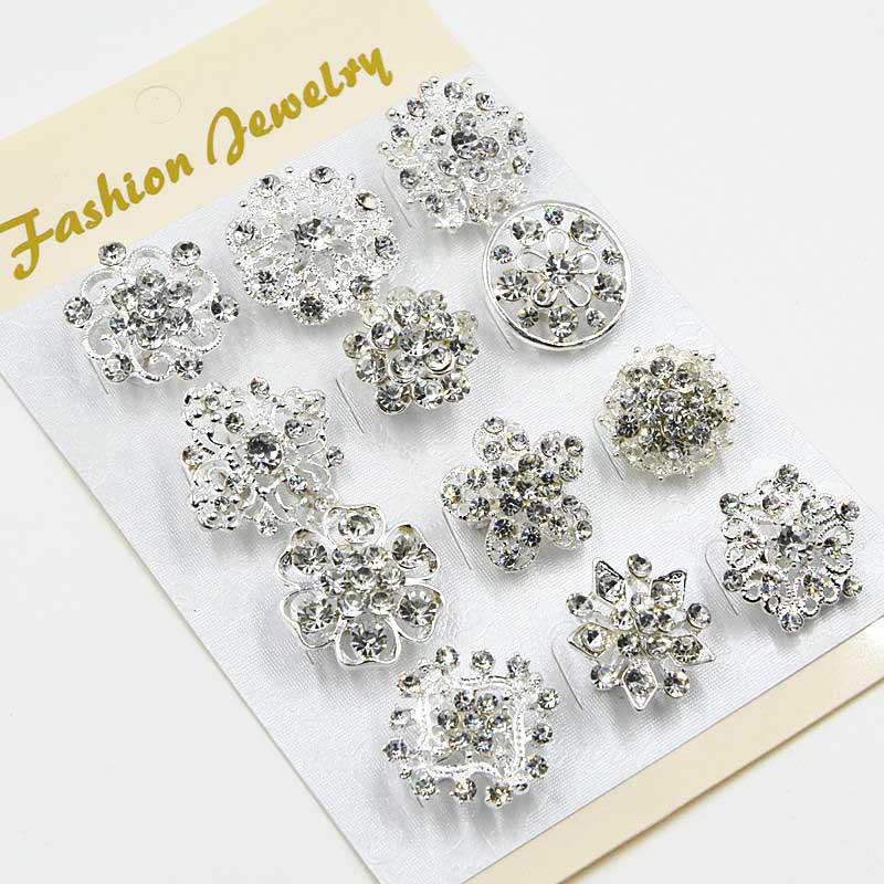 12 Crystal Flower Brooches: Elegant Corsage Accessories for Weddings & Formal Wear серебряный