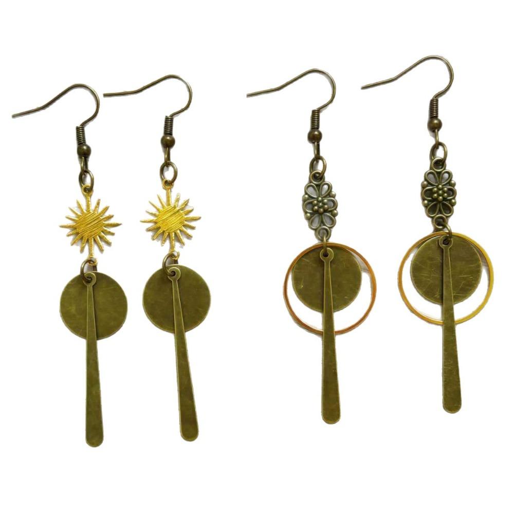 Bohemia Sunburst Geometric Long Dangle Earrings for Women Vintage Brass Drop Earrings Ethnic Vacation Statement Jewelry Gifts