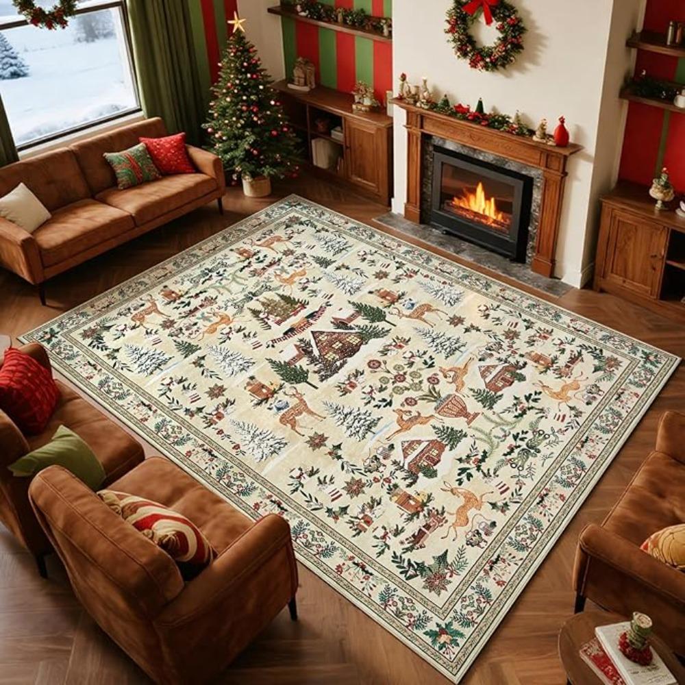 Christmas Carpet Mat Rug - Red Reindeer Tree Snowflake Pattern, Festive Living Room Soft Non-slip Floor Mat for Home Decoration