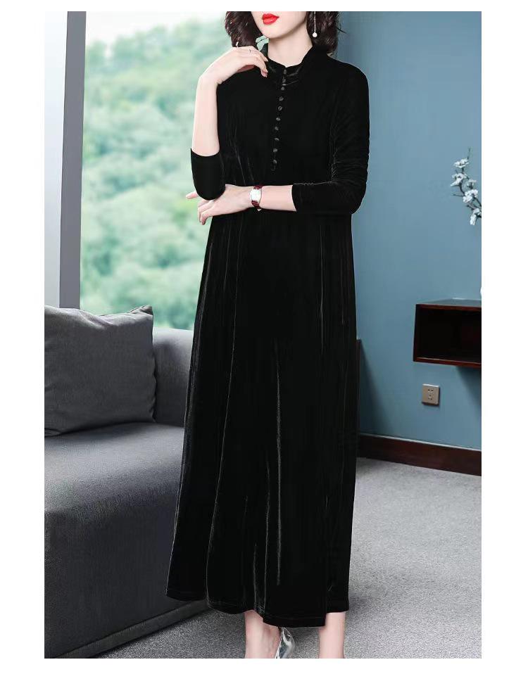 Plus Size Elegant Golden Velvet Knee-Length Dress for Women - Spring & Autumn Style