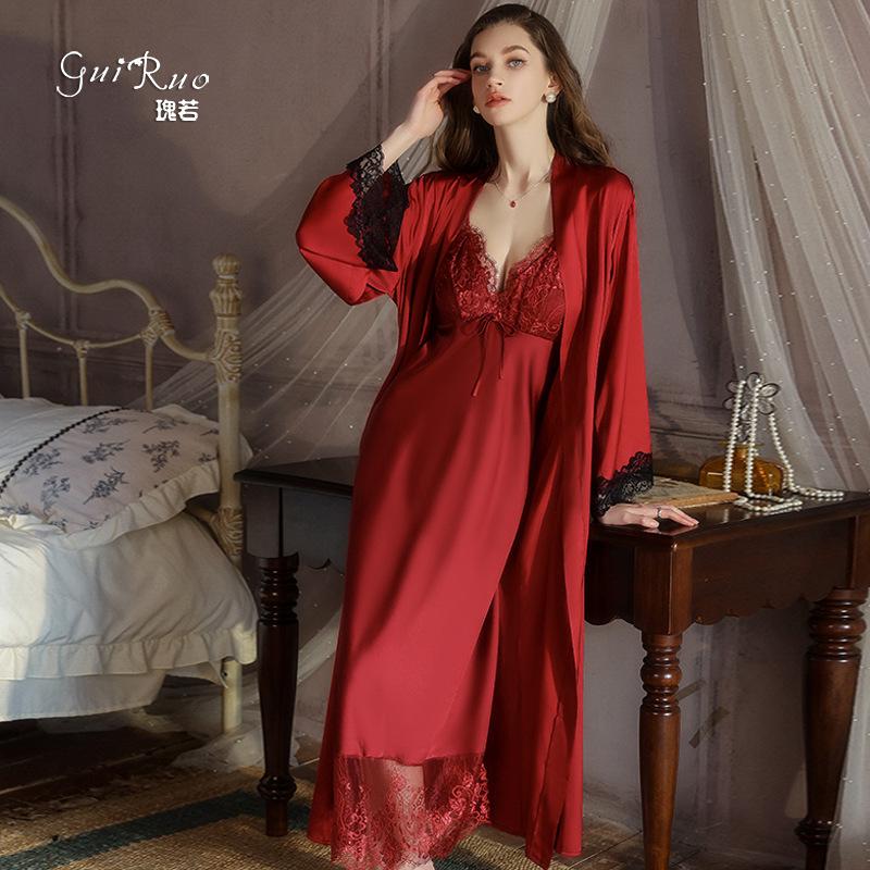Women's Satin Deep V Push Up Padded Long Sleep Dress with Robe Lounge Set