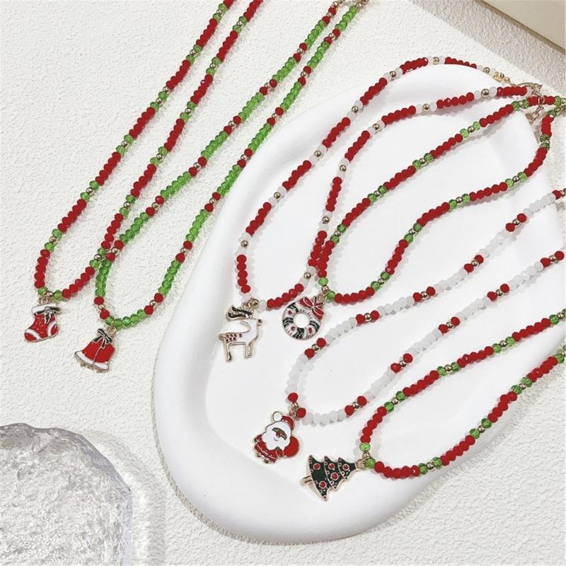 Fashion Cartoon Christmas Pendant Necklace Elegant Collar Necklace Choker Holiday Beaded Charm Neck Chain Party Jewelry