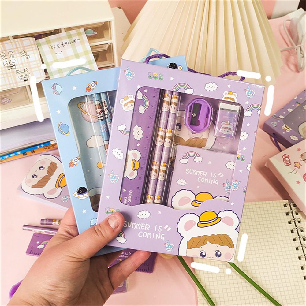 Portable 6-in-1 Stationery Set Cartoon Rabbit Bear Student Stationery Bag Pencil Eraser Sharpener Kindergarten School Supplies