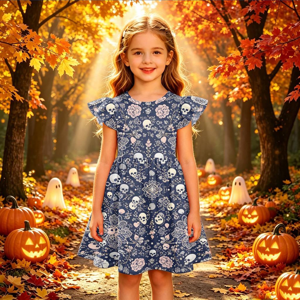 Kids Halloween Printed Dress with Sleeve Casual Party Dress for Girls