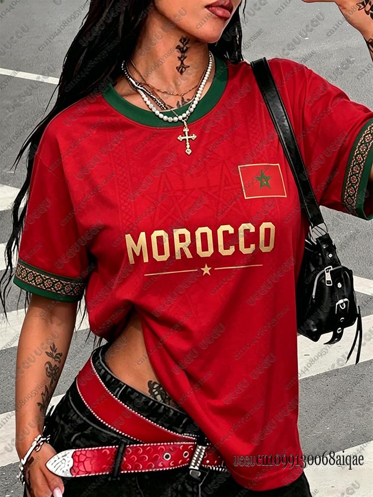 Letnie Nowe Vintage Print Marokański Damskie Krótkie Top O-Neck Patchwork Krótki Rękaw Sportowy Koszulka Piłkarska Y2K Maroko Street Top