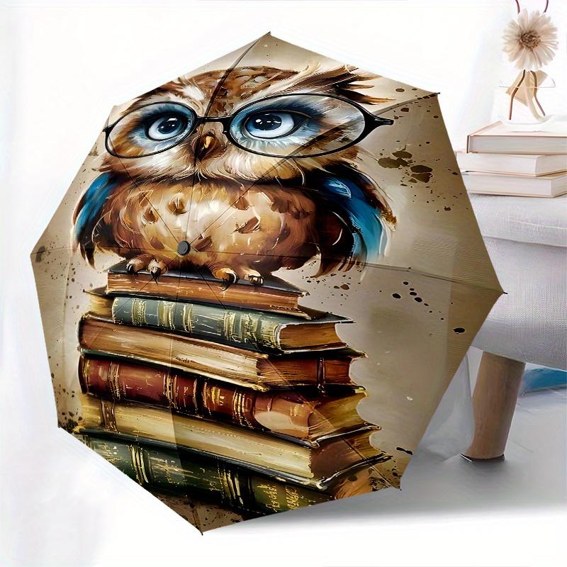 Owl, Books Automatic Opening and Closing Umbrella, Compact Travel Umbrella, Lightweight and Portable, Suitable for Beach Commuting Business