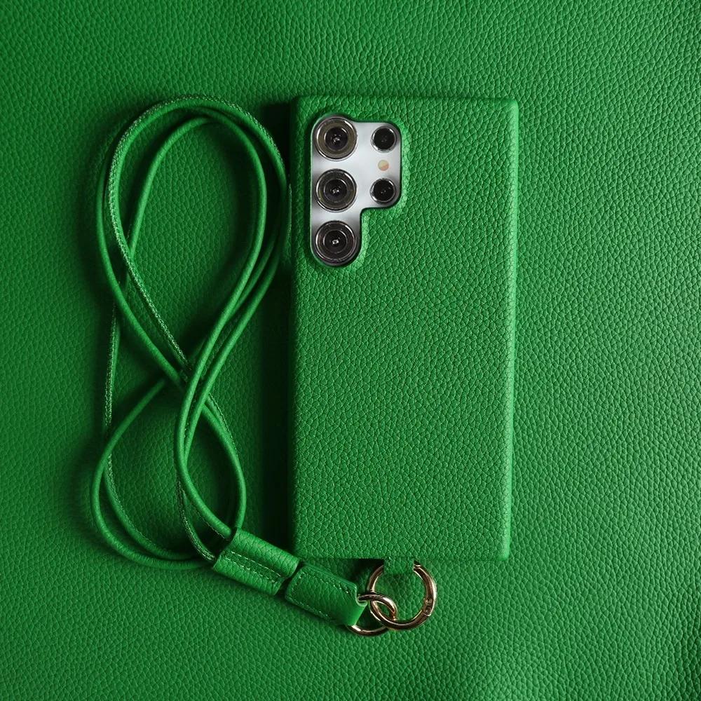 Luxury Cowhide Genuine Leather Case for Samsung Galaxy S26 Ultra S23 S22 S21 S26FE  Strap Crossbody Lanyard Phone Cover Coque