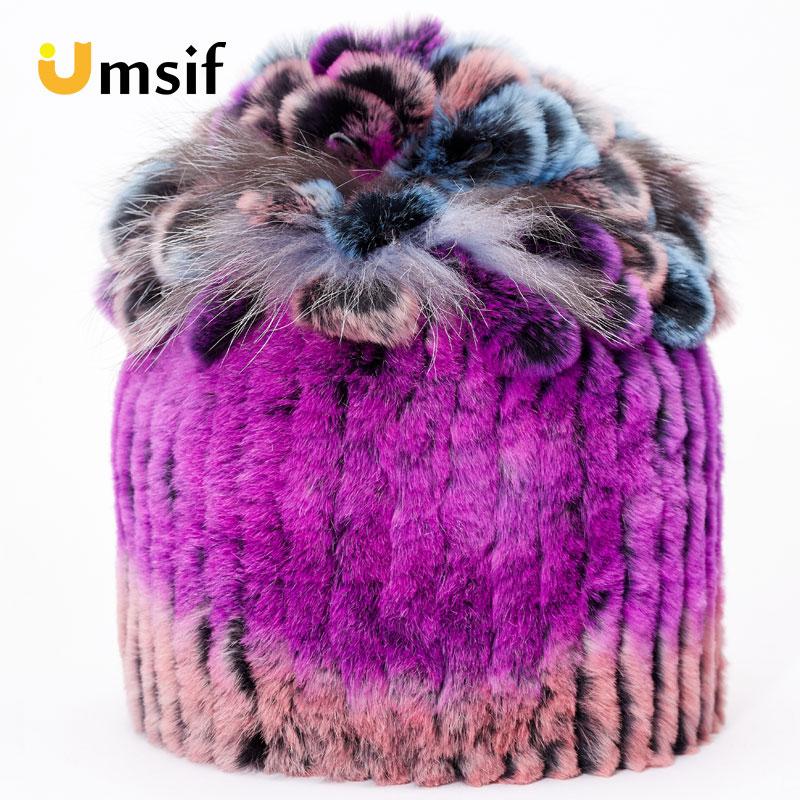 New Winter hats for women 100% Real Rex rabbit fur Patchwork thick hat female knitted hat skullies & beanies women's beanie cap
