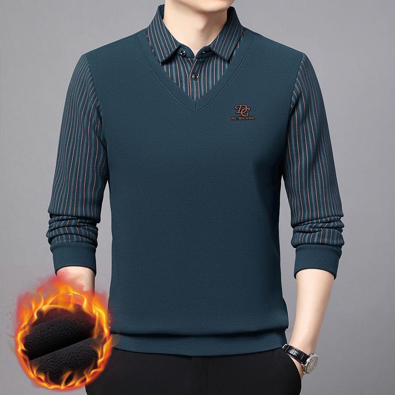 

Men s Winter Wool Silk Lapel Two-in-One Sweater with Fleece Lining M синий