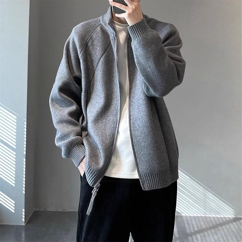 Mens Black Zip-Up Knit Cardigan Oversized Warm Stand Collar Sweater Casual Layering Top Teens