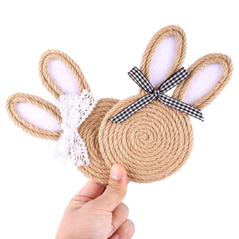 Unique Easter Themed Coasters Woven Rope Nonwoven Fabric Rabbit Shape Drink Mats Gift For Housewarmings Or Parties