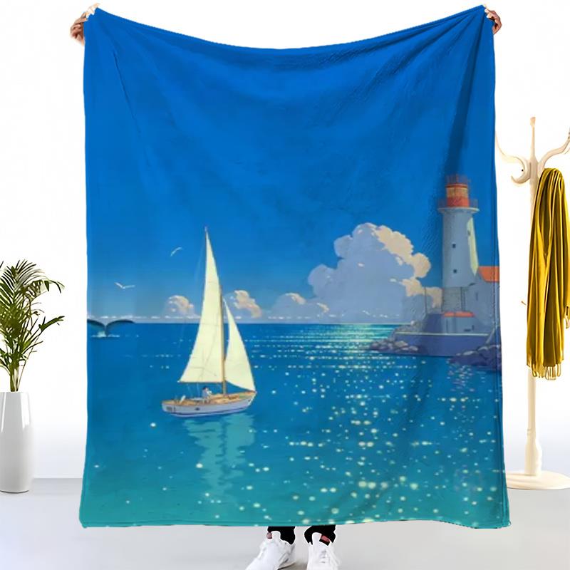 1pc Extra Large Soft Flannel Blanket - Heavyweight All-Season Luxury Bedspread/Throw - Turquoise Blue,Golden,White 130x150cm51x59in