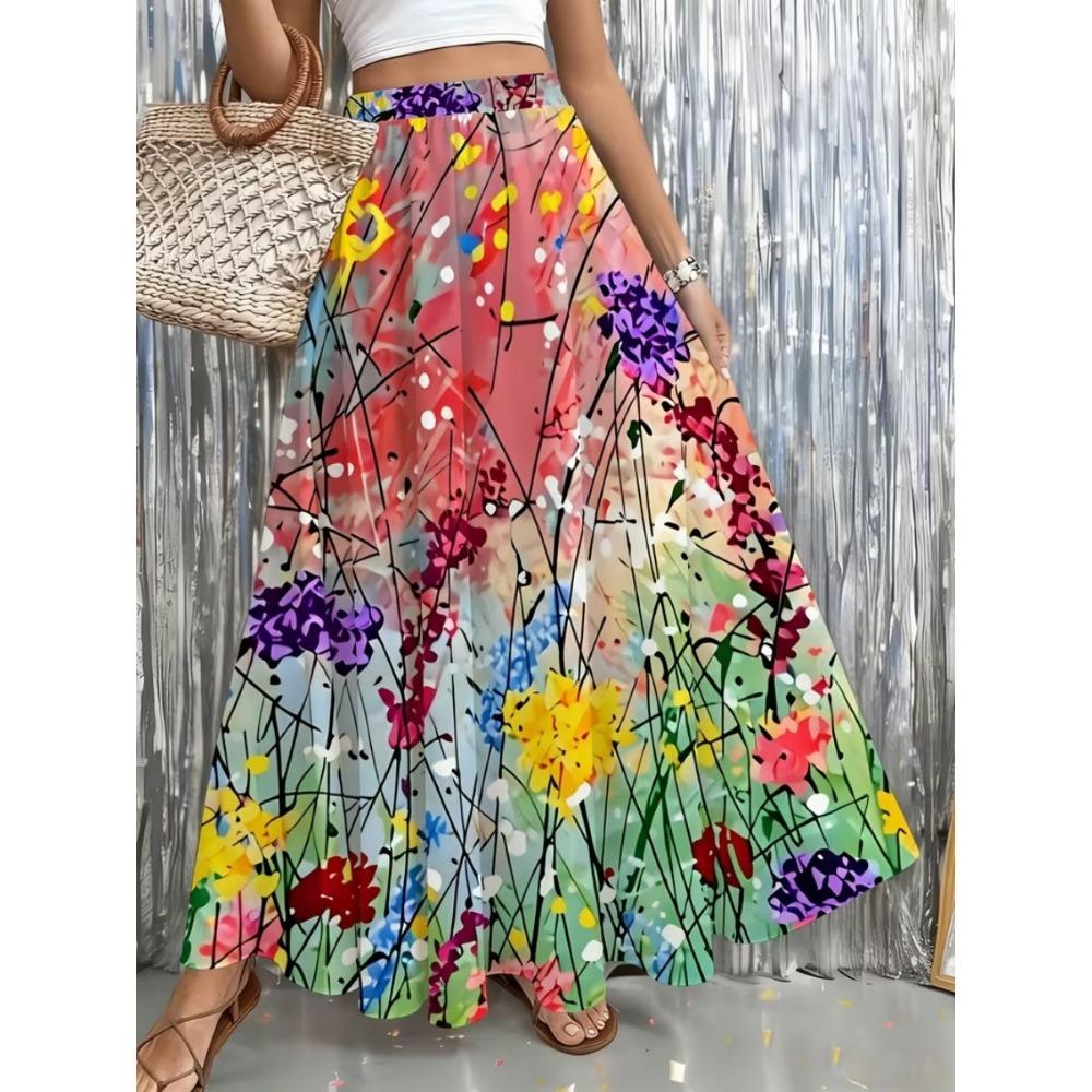 Women's Floral Printed High Waisted Long Skirt, Suitable for Casual Beach Wear on Vacation
