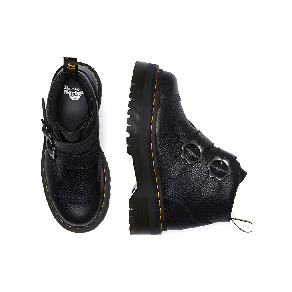 New Dr.Martens Devon Flower Buckle Leather Platform Boots 'Black' Women's 27642001
