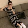 Striped Summer Dresses Women Contrast Color Knitting Korean Robe Femme Vintage Loose Square Neck Dress
