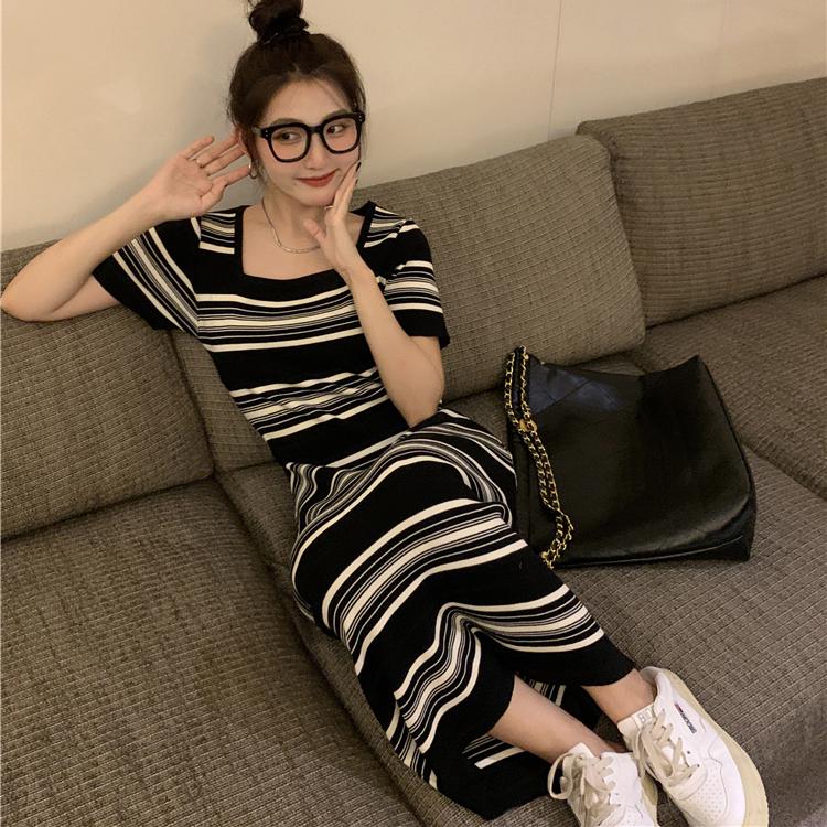 Striped Summer Dresses Women Contrast Color Knitting Korean Robe Femme Vintage Loose Square Neck Dress