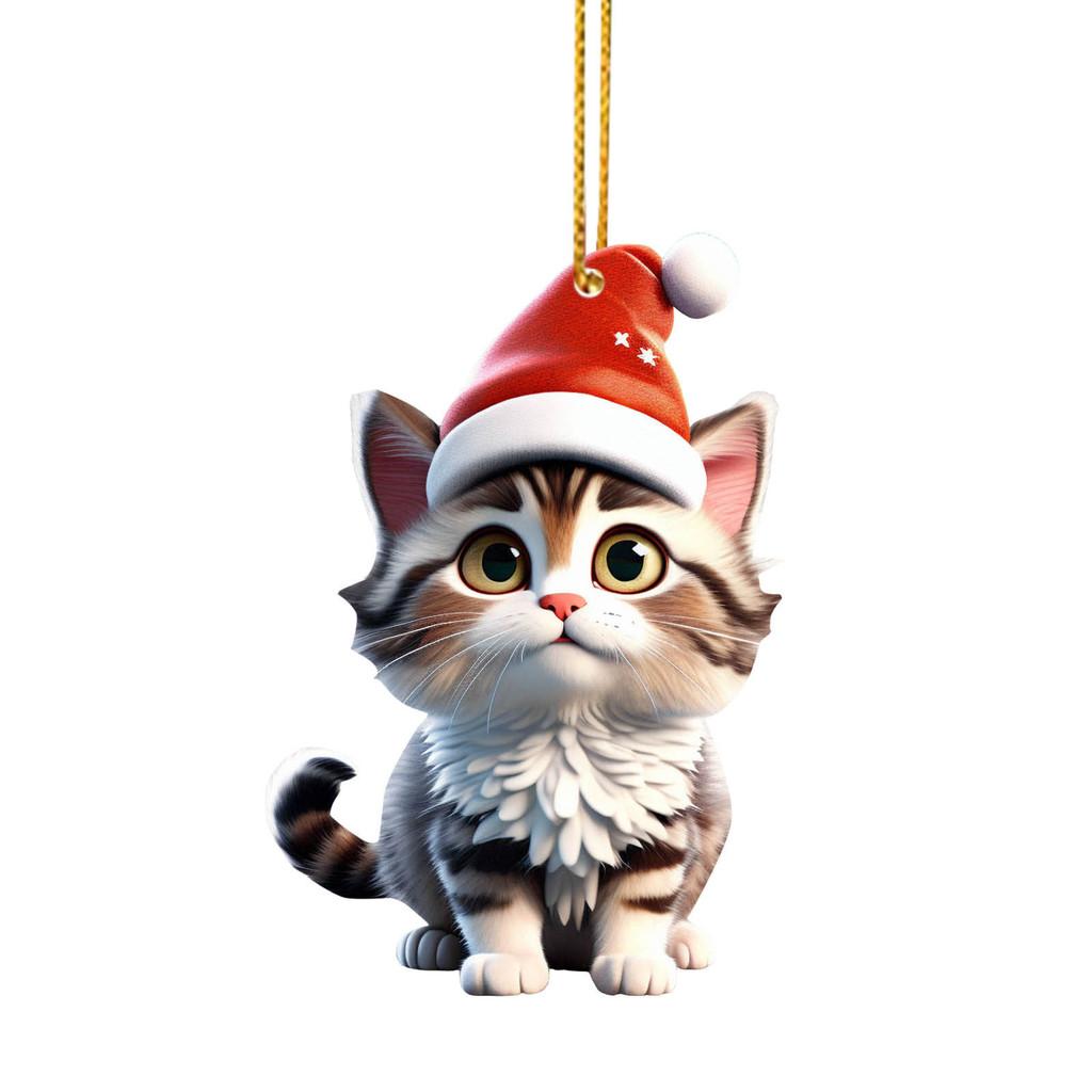 Lovely Acrylic Cat Car Hanging Decoration With Cheerful Christmas Hat And Theme Tree