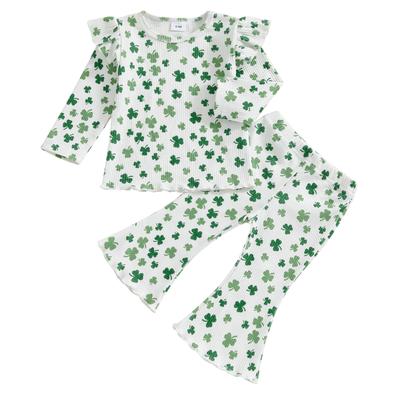 Toddler Girls Irish Sets Clover Print Ruffled Trim Long Sleeve Round Neck Tops Flare Pants Ribbed Spring Outfits