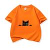 Kids Cotton T Shirt Peeking Black Cat Graphic Print Crew Neck Short Sleeve Tee Casual Breathable Boys Girls Summer Tops