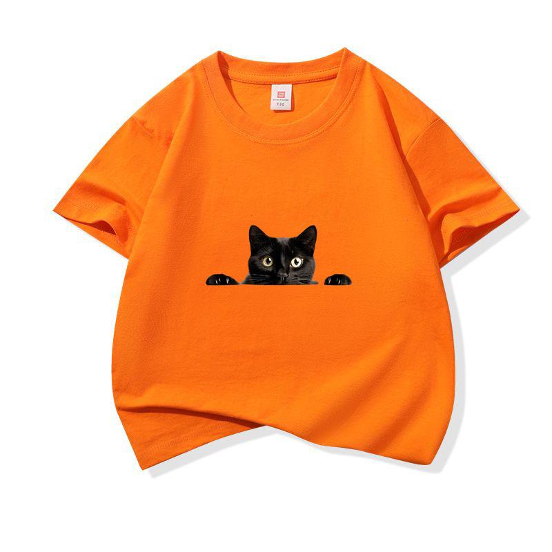 Kids Cotton T Shirt Peeking Black Cat Graphic Print Crew Neck Short Sleeve Tee Casual Breathable Boys Girls Summer Tops