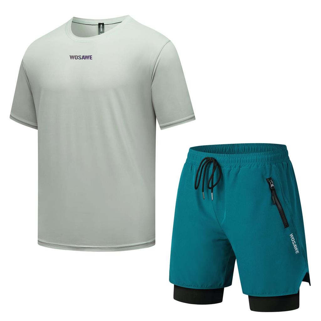 WOSAWE Męska i Damska Koszulka z Krótkim Rękawem na Rower Górski Outdoorowy Jazda na Rowerze Zestaw Spodenek MTB 2 w 1 z Wkładką