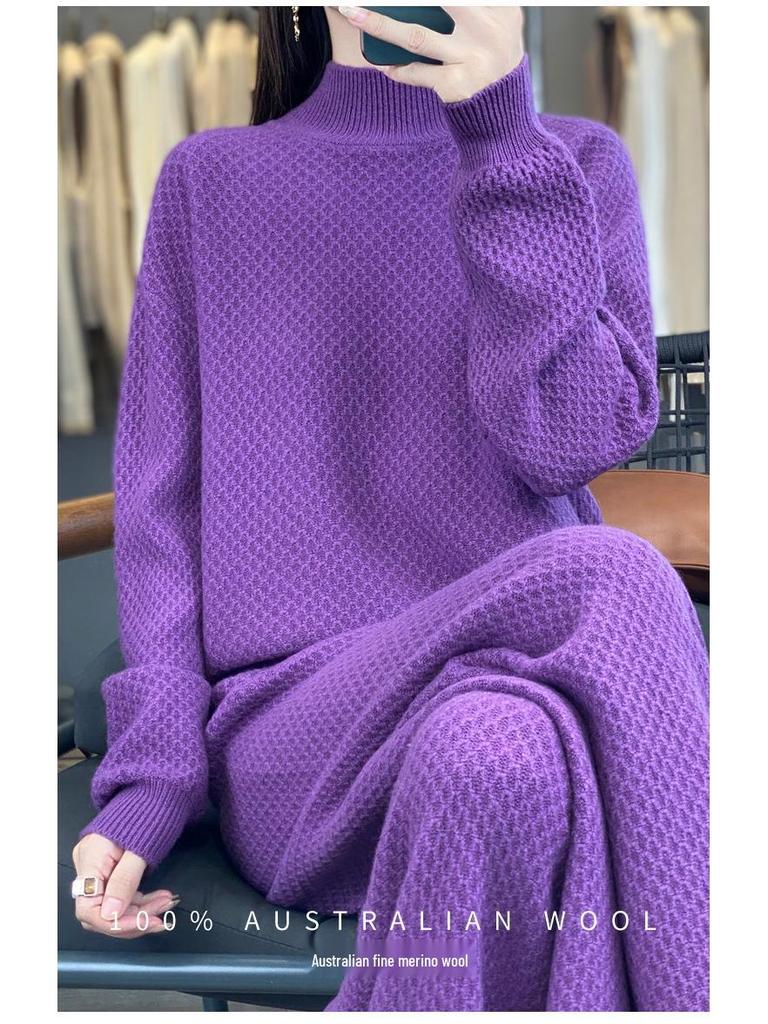 Women's Purple High Neck Wool Sweater & Wide-Leg Pants Set - Autumn/Winter Fashion