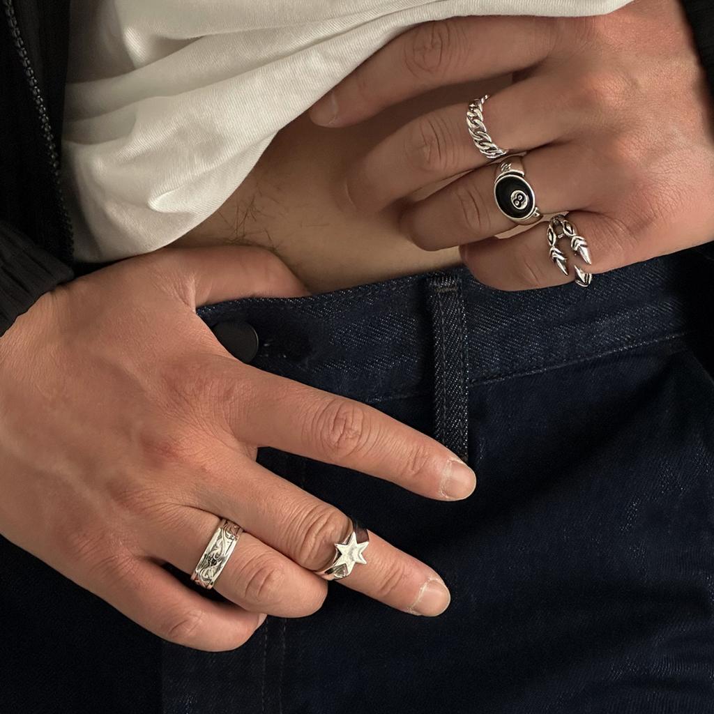 SHIXIN 6Pcs/Set Vintage Silver Color Star Open Ring Set for Men Punk Geometric Adjustable Finger Ring Fashion Male Jewelry Gift