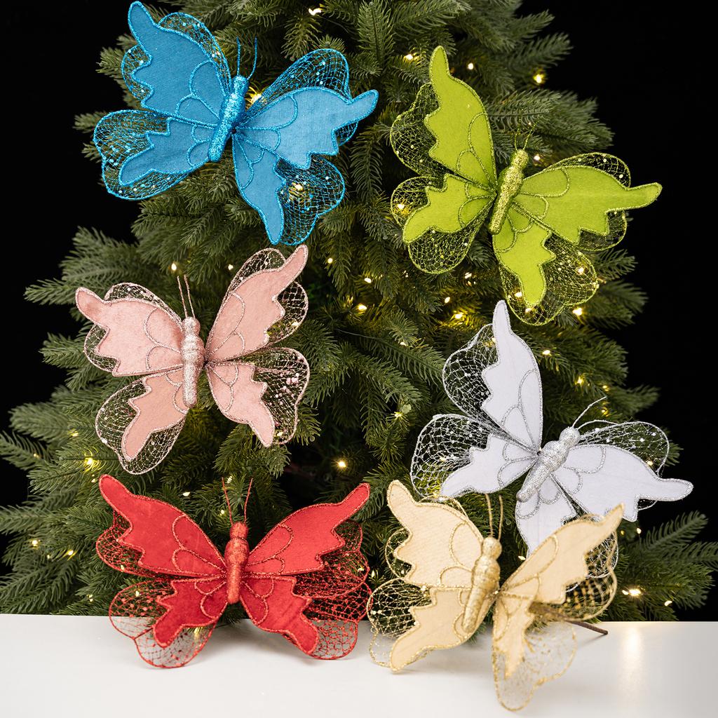 Christmas Butterfly Pick Decor Glitter Tulle Wings Multi Color Optional Christmas Tree Party Scene Ornaments