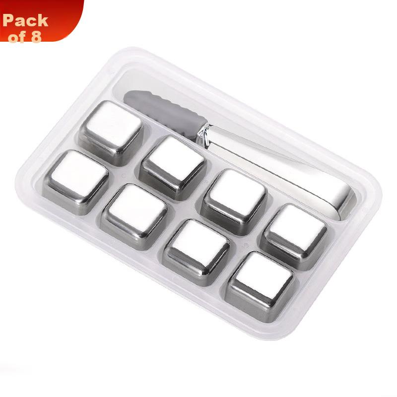 Baijie 304 Stainless Steel Ice Cube Tray, Square Ice Mold, Quick-Cool Metal Ice Cubes, 8-Piece Set with Ice Tongs And PP Box