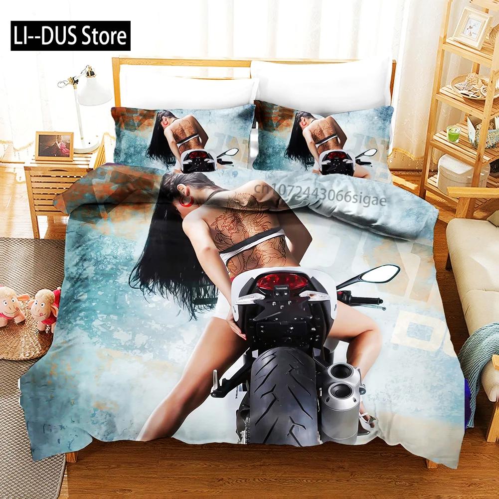 Sexy Girl Motocross Duvet Cover Extreme Sports Theme Bedding Set for Boys Teens Man Microfiber 3D Beauty Queen King Quilt Cover