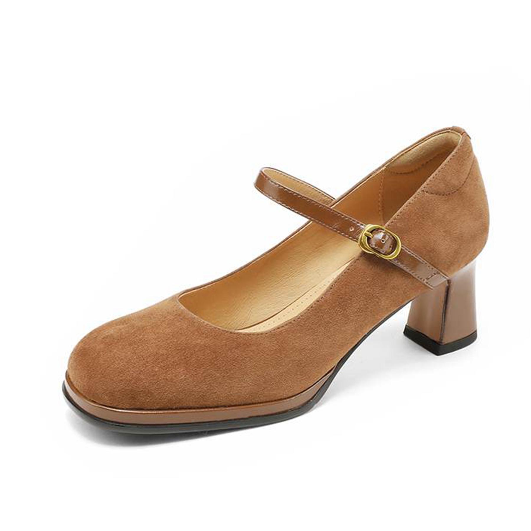 

Krazing Pot Suede Round Toe Size 40 Thick High Heels Metal Buckle Decoration Fashion Gladiator Autumn Beauty Pumps 34 коричневий