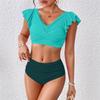 Women's Pleated Slim Fit V-Neck Color Block Ruffled Two-Piece Swimsuit