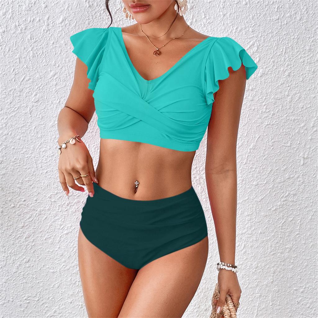 Women's Pleated Slim Fit V-Neck Color Block Ruffled Two-Piece Swimsuit