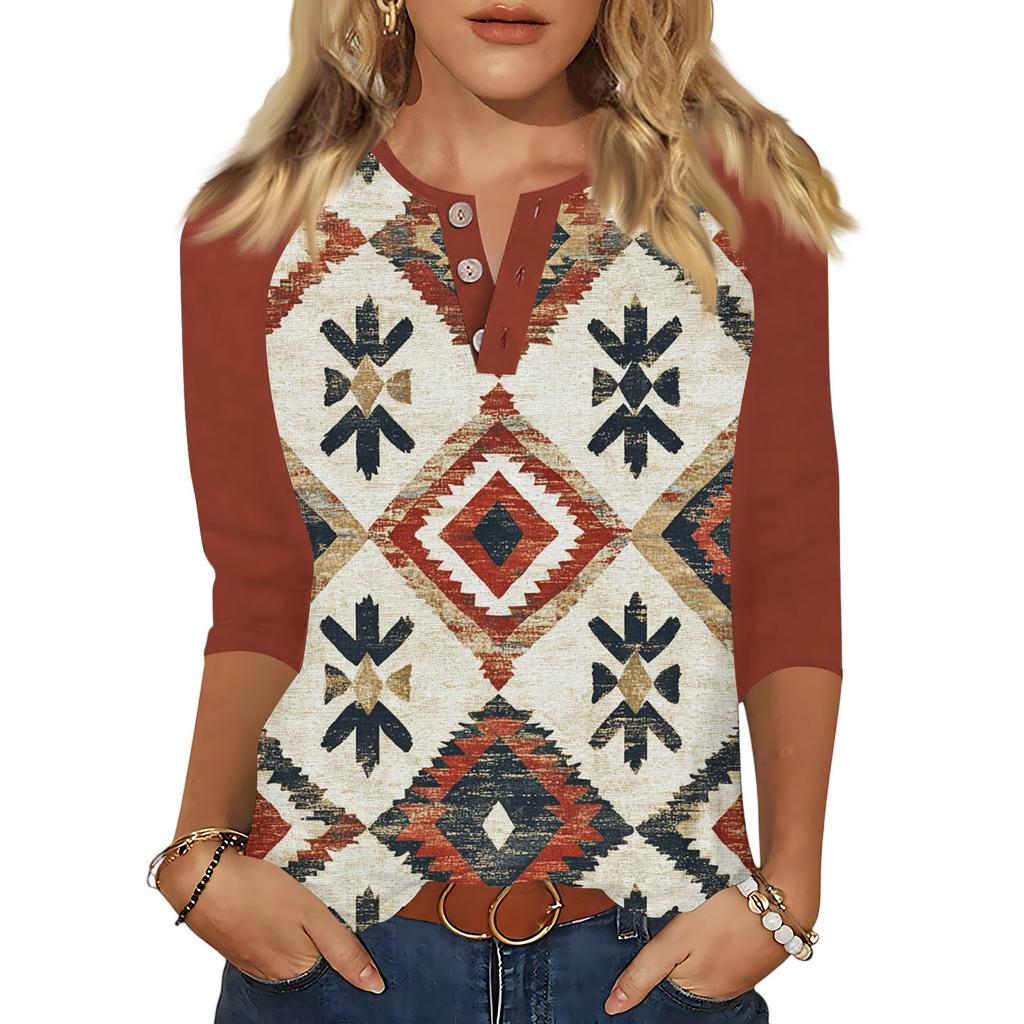 Women's Tops Three-quarter Sleeve V-neck Button Printed Imitation Cotton T-shirt