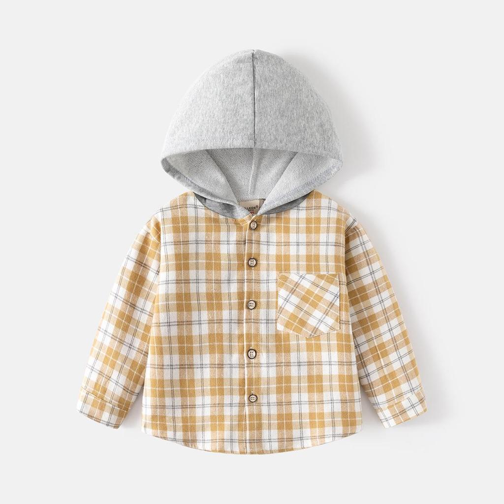 Korean-Style Boys' Hooded Plaid Shirt, Long-Sleeved Children's Clothing, 2026 New Arrival