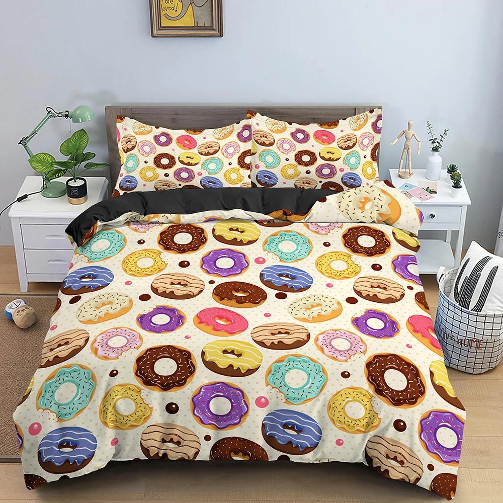 Bunte Donut King Size Bettbezug Cartoon Süß Schokolade Dessert Bettwäsche Set Für Kinder Mädchen Essen 2/3tlg. Polyester Steppdeckenbezug